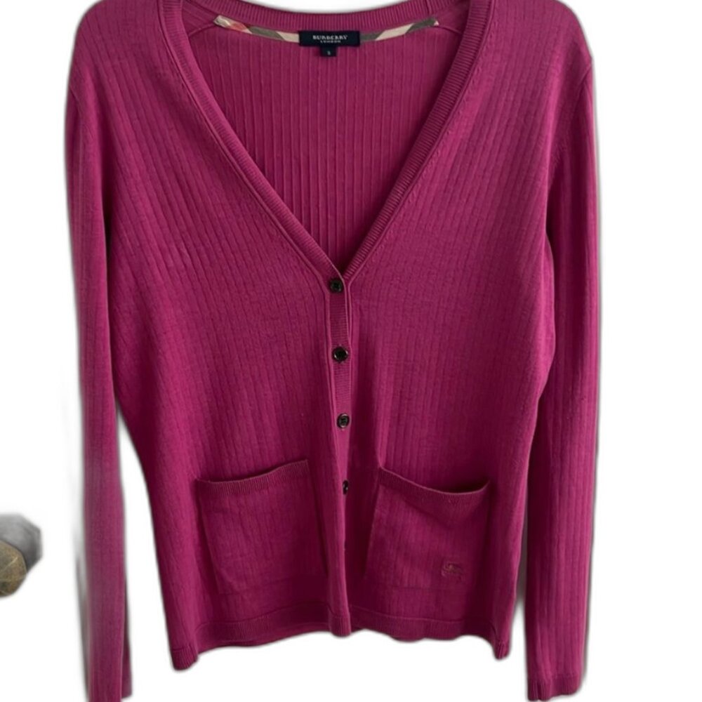 Burberry London Cardigan Sweater Cotton Fushia Pink Pockets Sz Med